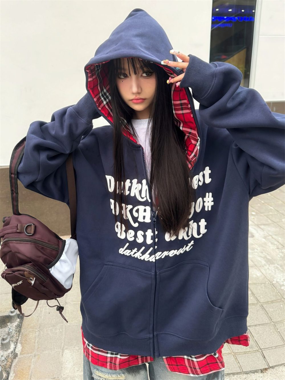 Meklis Manor Fake Two-Piece Plaid Patchwork Hoodie Coat - Image 2