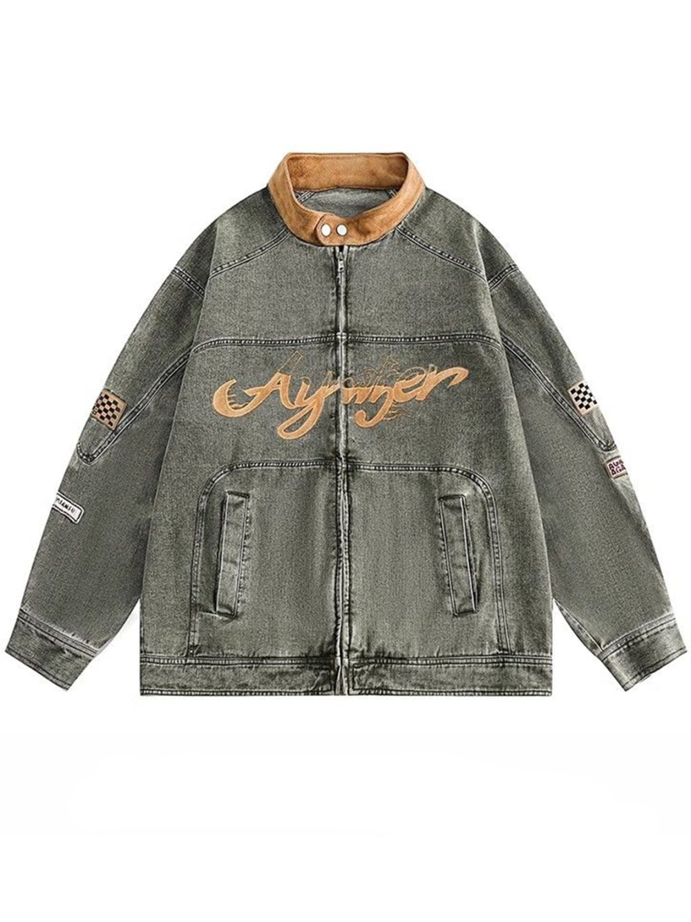 Meklis Manor Trendy Embroidered Design Biker Denim Jacket Coat