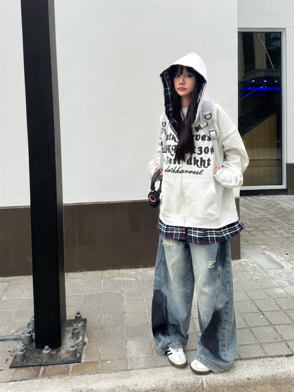 Meklis Manor Fake Two-Piece Plaid Patchwork Hoodie Coat - Image 4